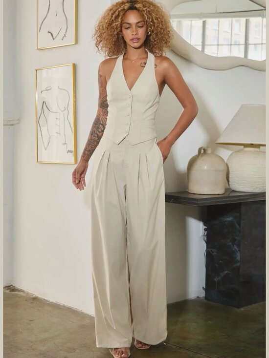 No Vacancy Pants - Matching Outfit Set Halter Vest Top Wide-Leg Dress Pants SZ S M L Stretchy Cream